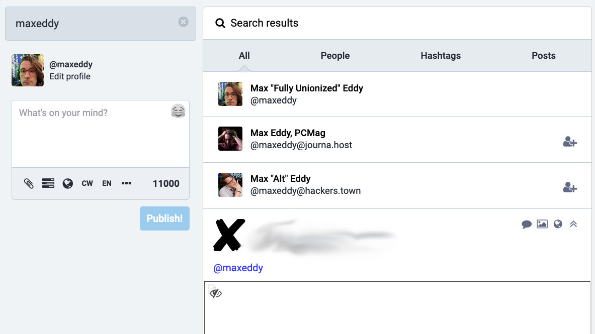 Captura de pantalla de los resultados de búsqueda en la aplicación web Mastodon, que muestra una lista de cuentas de usuario.