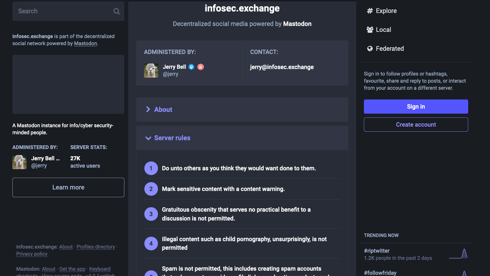 La página Acerca de para Infosec.exchange, que muestra una lista de reglas para el servidor