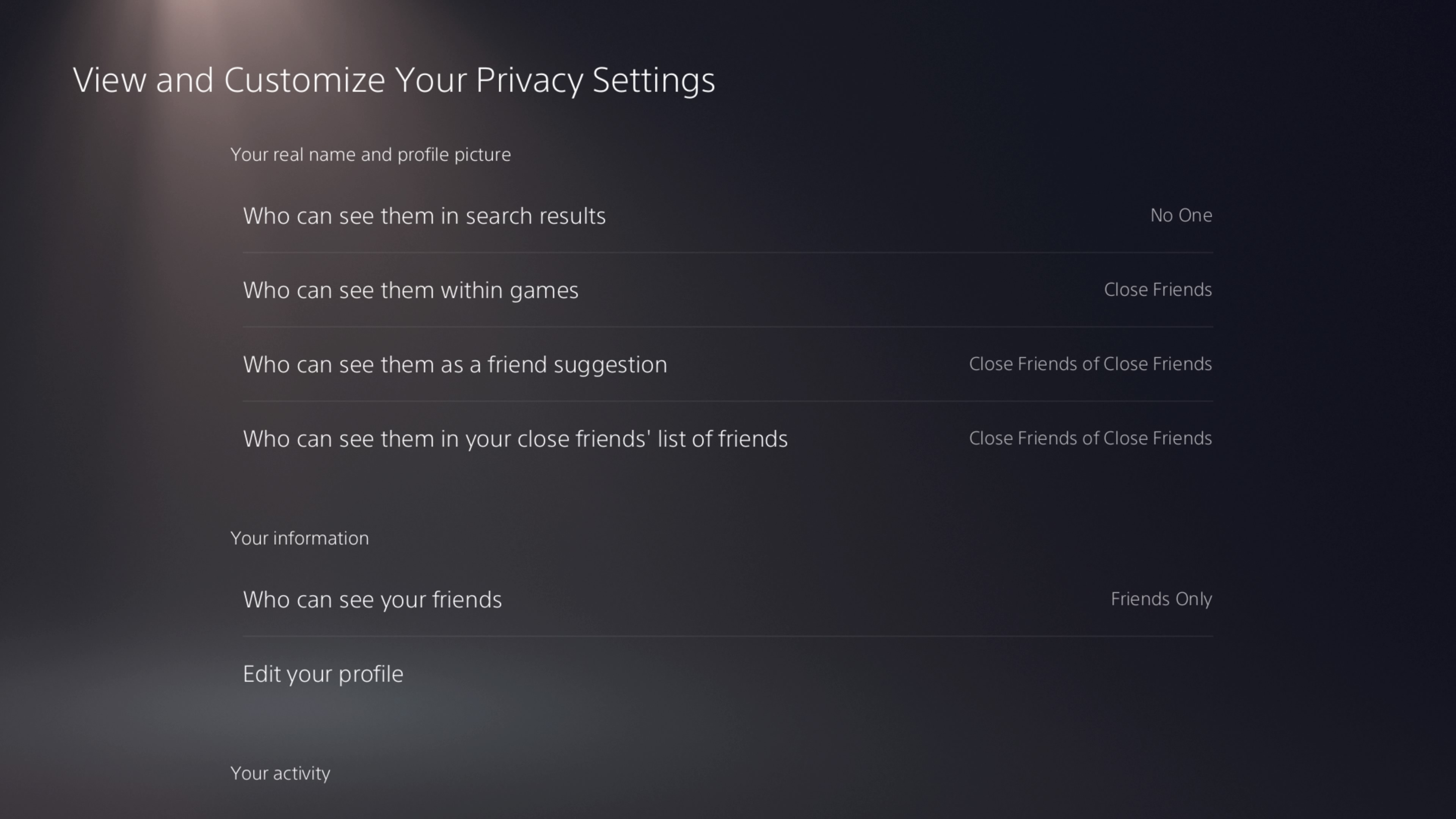 Configuración de privacidad de PS5
