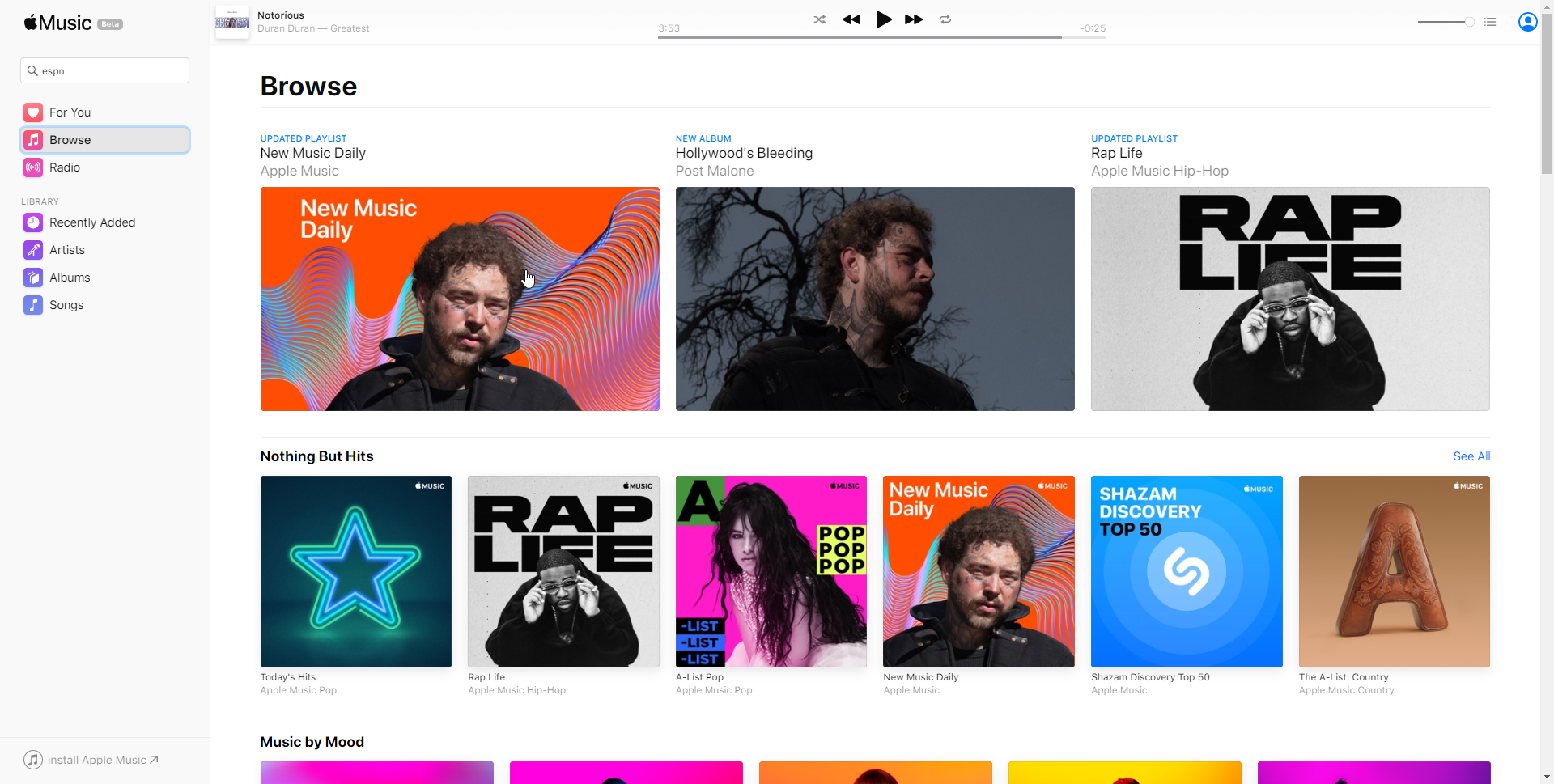 sección de búsqueda de Apple Music