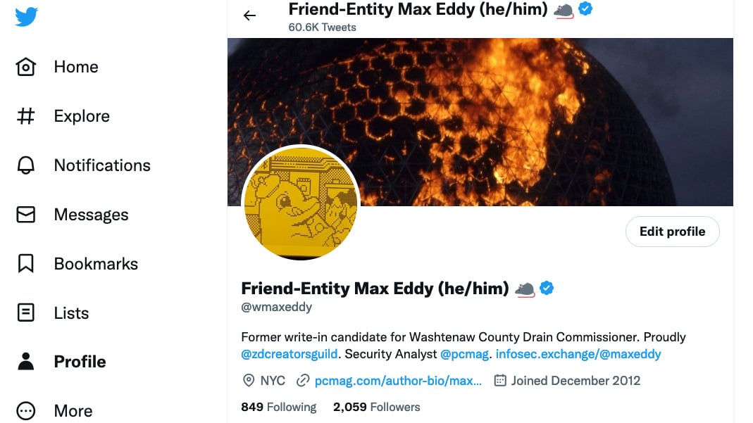 Captura de pantalla de la página de perfil de Twitter de Max Eddy, que muestra un enlace a una cuenta de Mastodon
