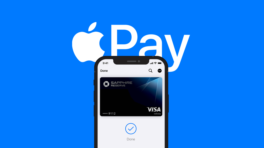 iPhone abierto en una tarjeta Visa frente al logotipo de Apple Pay