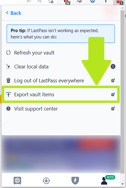 Exportación de bóveda de LastPass en dispositivos móviles: opción Exportar elementos de bóveda
