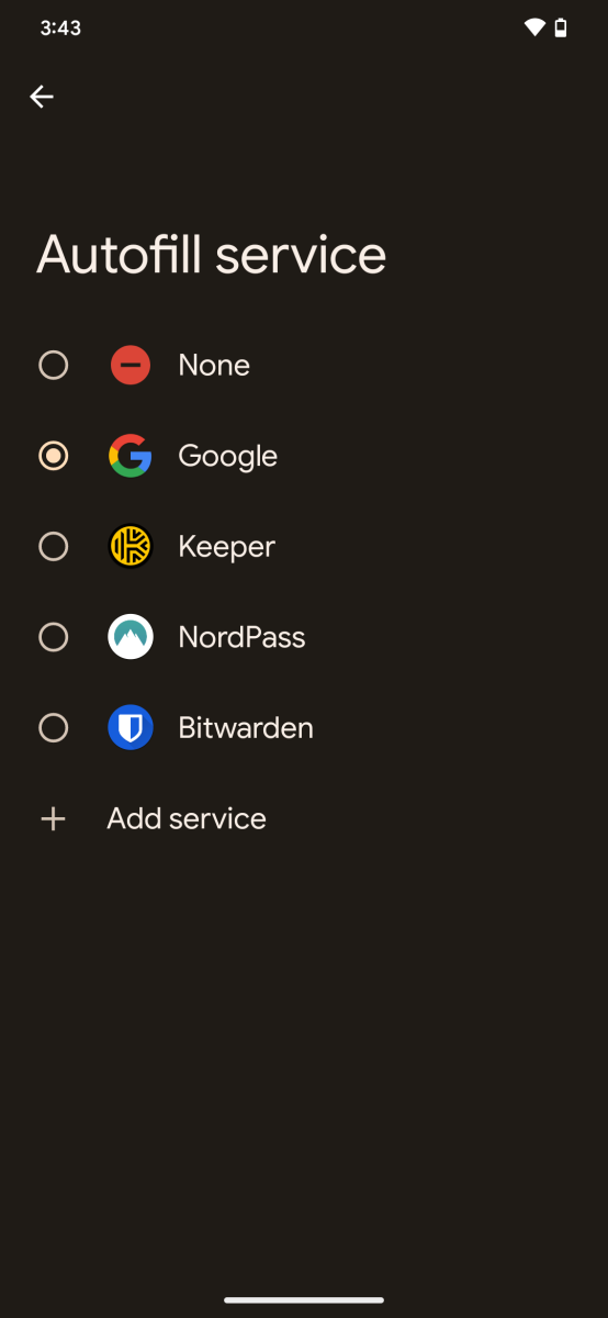 Menú de opciones del servicio Autocompletar de Google Android 13