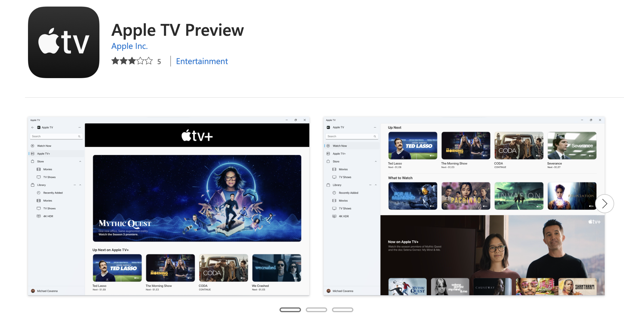 La página de la tienda para la vista previa de Apple TV 