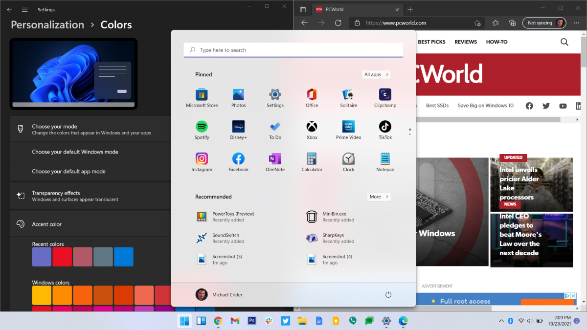 Windows 11 colores, luz mixta