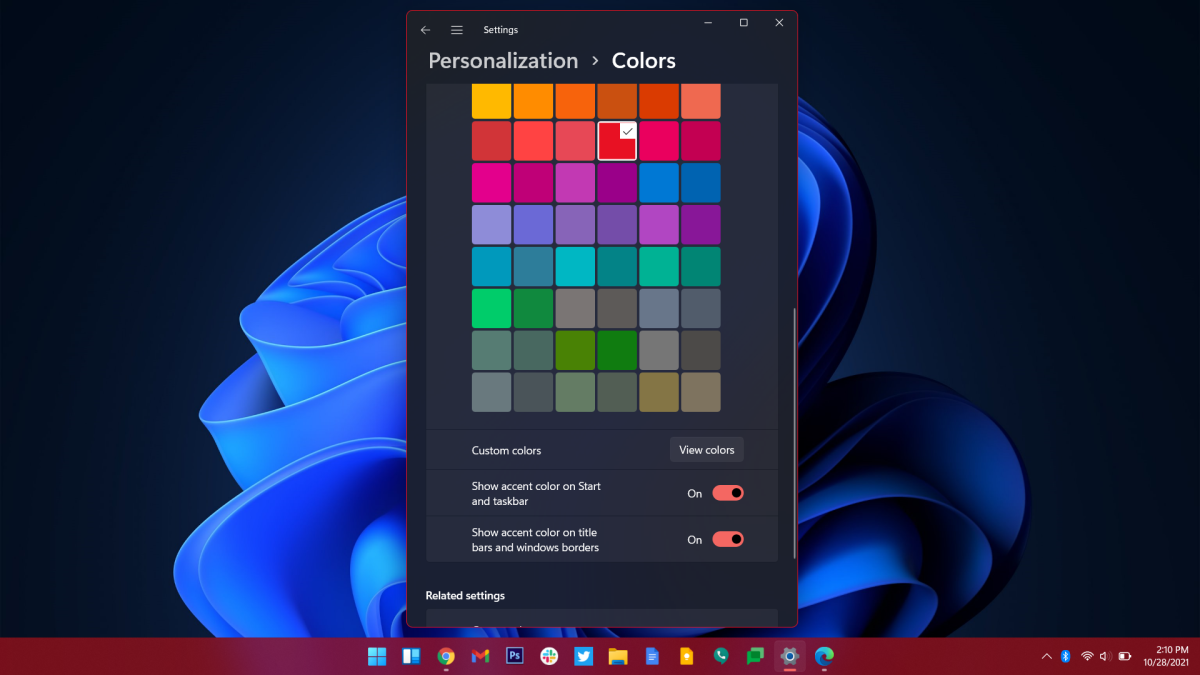 Borde de la barra de tareas de color de Windows 11 