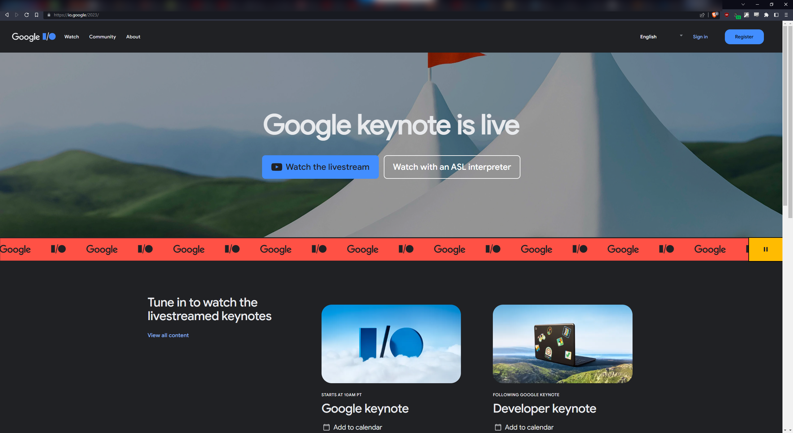 Transmisión en vivo de Google I/O Keynote sin superposición de consentimiento de cookies en Brave