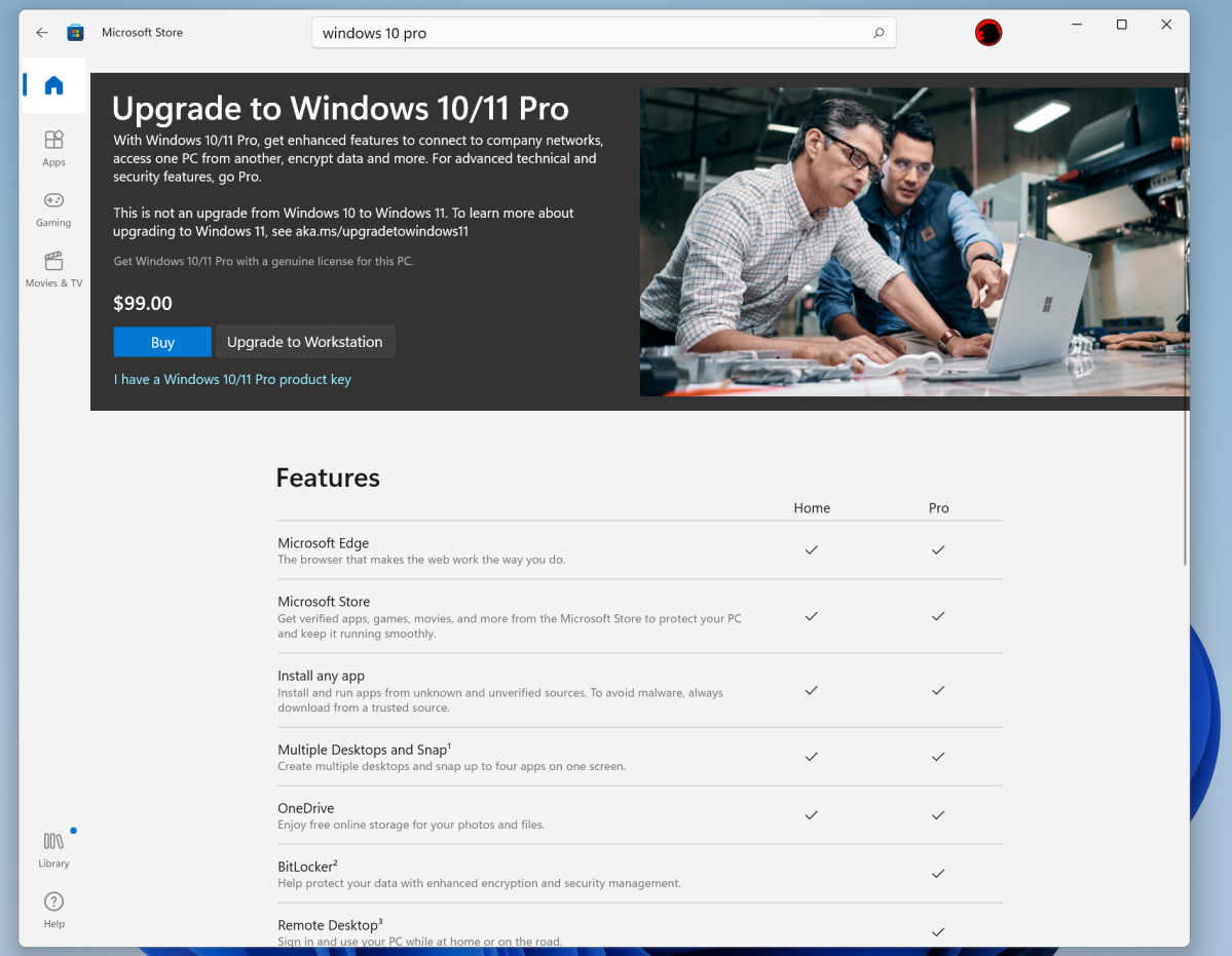 Actualización de la Tienda Windows a Windows 11 Pro o Windows 10 Pro
