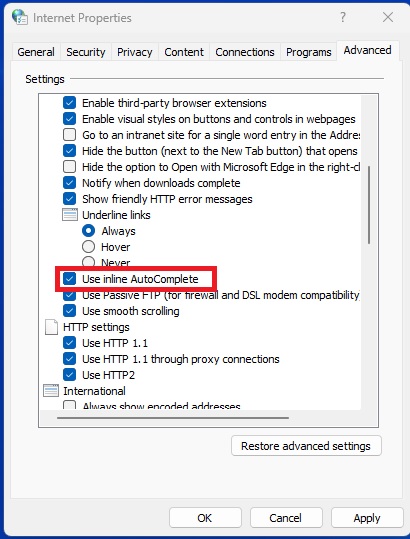 Autocompletar en línea de Windows 11