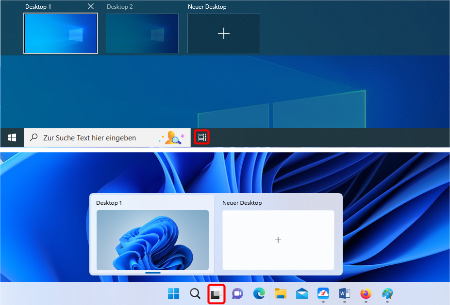 Los símbolos y las instrucciones de funcionamiento para crear escritorios virtuales difieren en Windows 10 (ambos) y 11 (abajo), las funciones y el manejo son esencialmente los mismos.